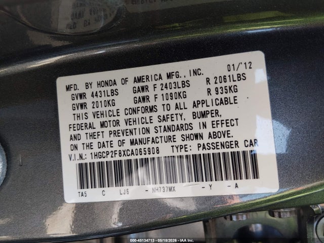 2012 Honda Accord 2.4 Ex-l მანქანა იყიდება აუქციონზე, vin: 1HGCP2F8XCA065908, აუქციონის ნომერი: 45134713