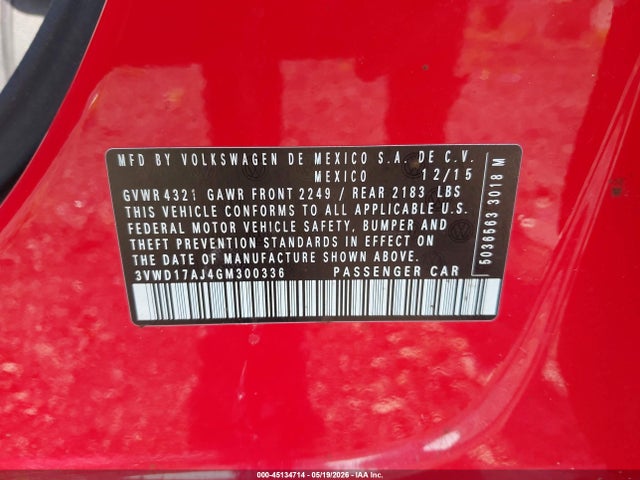 45134714 :رقم المزاد ، 3VWD17AJ4GM300336 vin ، 2016 Volkswagen Jetta 1.8t Sport مزاد بيع