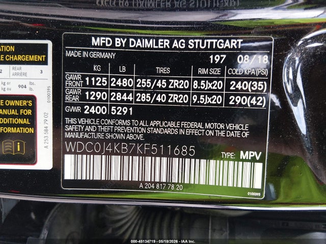 45134719 :رقم المزاد ، WDC0J4KB7KF511685 vin ، 2019 Mercedes-benz Glc 300 Coupe 4matic مزاد بيع
