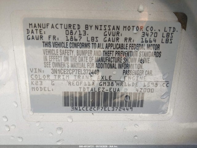 2014 Nissan Versa Note Sv მანქანა იყიდება აუქციონზე, vin: 3N1CE2CP7EL372449, აუქციონის ნომერი: 45134721