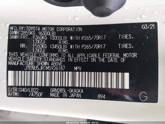 45134726 :رقم المزاد ، JTENU5JR1M5926187 vin ، 2021 Toyota 4runner Sr5 Premium مزاد بيع