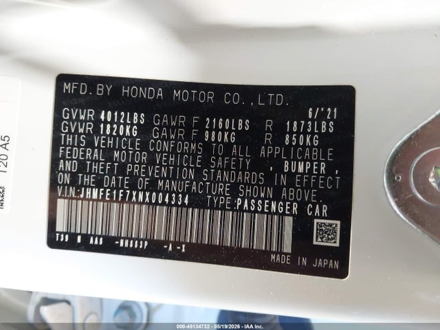 45134732 :رقم المزاد ، JHMFE1F7XNX004334 vin ، 2022 Honda Civic Ex مزاد بيع
