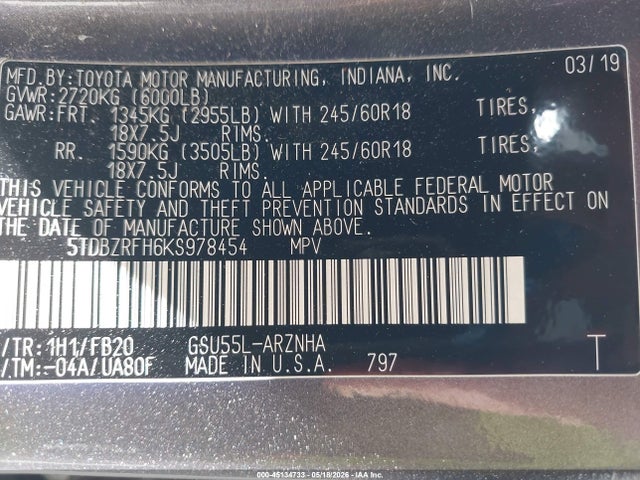 Toyota Highlander Le 2019 5TDBZRFH6KS978454 Image 9