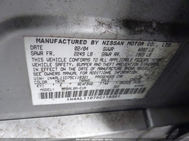 2005 Nissan Altima 2.5 S მანქანა იყიდება აუქციონზე, vin: 1N4AL11D75C118321, აუქციონის ნომერი: 45134737