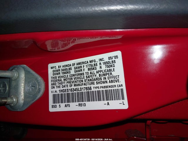 2005 Honda Civic Vp მანქანა იყიდება აუქციონზე, vin: 1HGES16345L017656, აუქციონის ნომერი: 45134739
