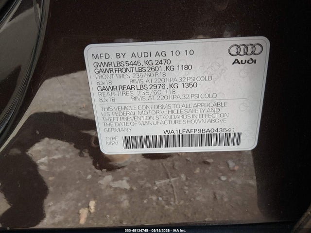 45134749 :رقم المزاد ، WA1LFAFP9BA043541 vin ، 2011 Audi Q5 2.0t Premium مزاد بيع