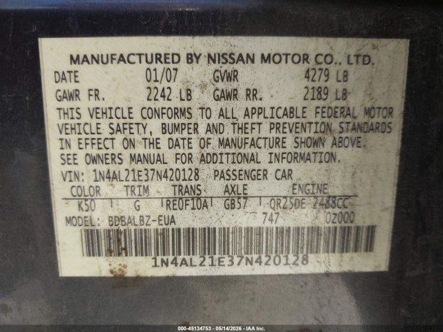 45134753 :رقم المزاد ، 1N4AL21E37N420128 vin ، 2007 Nissan Altima 2.5 S مزاد بيع