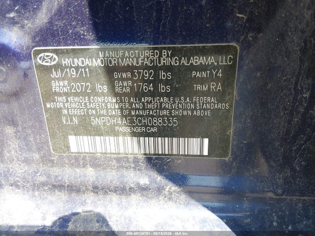 Aukcja sprzedaży 2012 Hyundai Elantra Gls, vin: 5NPDH4AE3CH088335, numer aukcji: 45134761