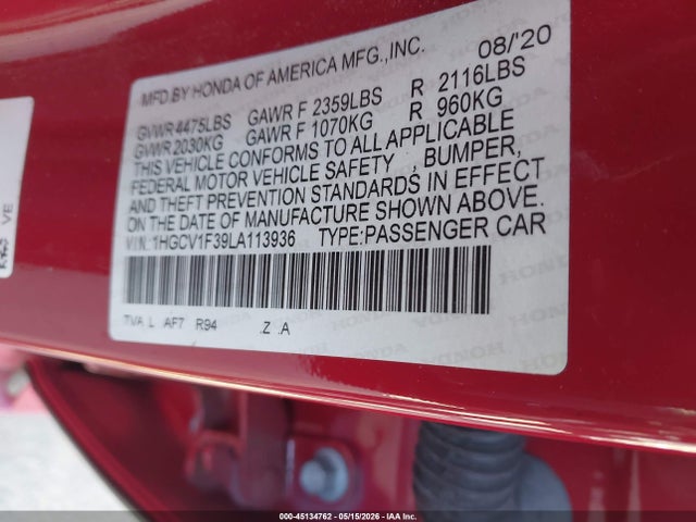 45134762 :رقم المزاد ، 1HGCV1F39LA113936 vin ، 2020 Honda Accord Sport مزاد بيع