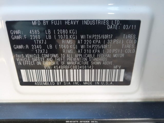 Продажа на аукционе авто 2011 Subaru Outback 2.5i Premium, vin: 4S4BRBFC8B3408142, номер лота: 45134770