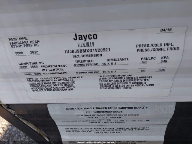 Продажа на аукционе авто 2016 Jayco Other, vin: 1UJBJSBMXG1V20521, номер лота: 45134775