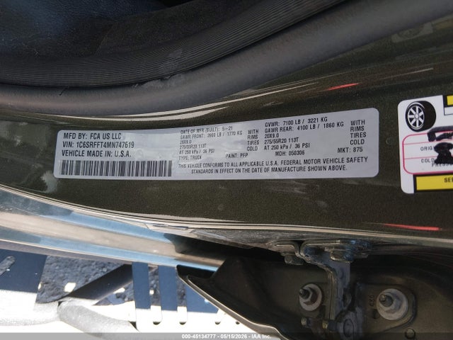 Продажа на аукционе авто 2021 Ram 1500 Big Horn  4x4 5'7 Box, vin: 1C6SRFFT4MN747619, номер лота: 45134777