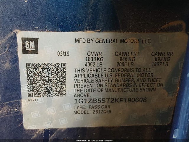 45134783 :رقم المزاد ، 1G1ZB5ST2KF190608 vin ، 2019 Chevrolet Malibu 1ls مزاد بيع