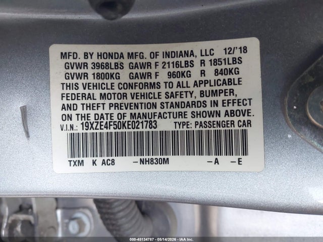 2019 Honda Insight Ex მანქანა იყიდება აუქციონზე, vin: 19XZE4F50KE021783, აუქციონის ნომერი: 45134787