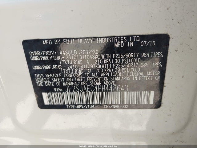 Продаж на аукціоні авто 2017 Subaru Forester 2.5i Premium, vin: JF2SJAEC4HH448643, номер лоту: 45134788
