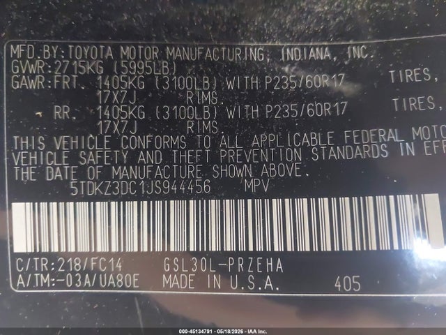 Auction sale of the 2018 Toyota Sienna Le 8 Passenger, vin: 5TDKZ3DC1JS944456, lot number: 45134791