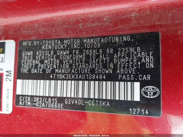 45134795 :رقم المزاد ، 4T1BK3EKXAU108484 vin ، 2010 Toyota Camry Le V6/se V6/xle V6 مزاد بيع
