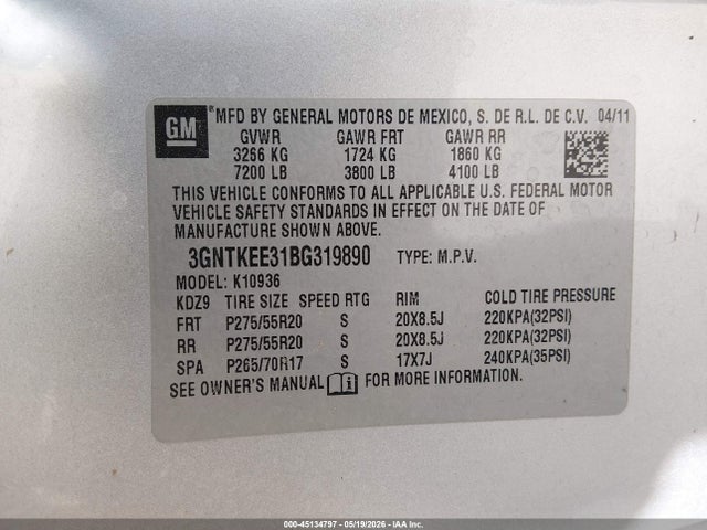 Продажа на аукционе авто 2011 Chevrolet Avalanche 1500 Ls, vin: 3GNTKEE31BG319890, номер лота: 45134797