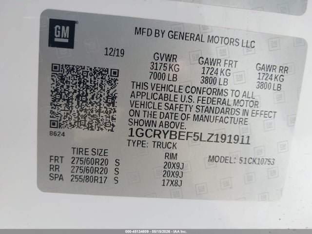 Продаж на аукціоні авто 2020 Chevrolet Silverado 1500 4wd  Standard Bed Custom, vin: 1GCRYBEF5LZ191911, номер лоту: 45134809