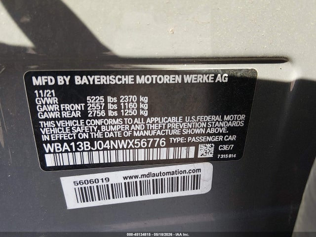 Aukcja sprzedaży 2022 Bmw 530 I Xdrive, vin: WBA13BJ04NWX56776, numer aukcji: 45134815