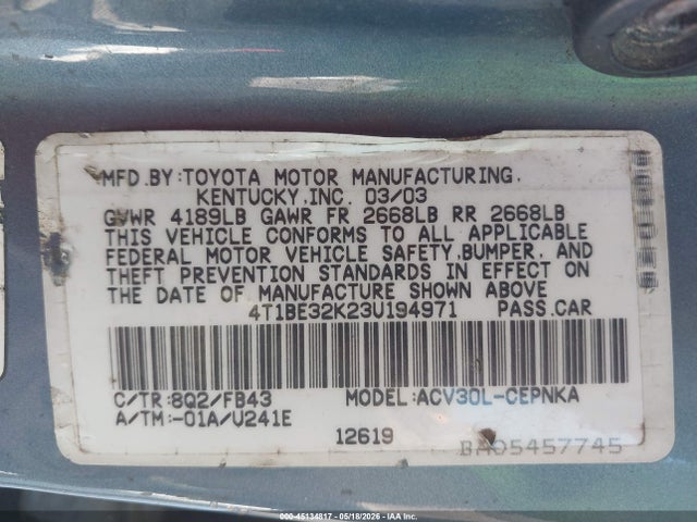 Продажа на аукционе авто 2003 Toyota Camry Le, vin: 4T1BE32K23U194971, номер лота: 45134817