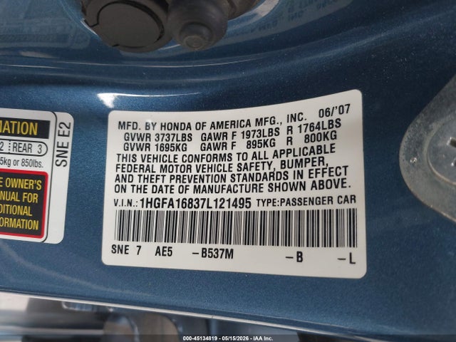 45134819 :رقم المزاد ، 1HGFA16837L121495 vin ، 2007 Honda Civic Ex مزاد بيع