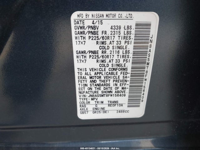 45134821 :رقم المزاد ، JN8AS5MT8FW156409 vin ، 2015 Nissan Rogue Select S مزاد بيع