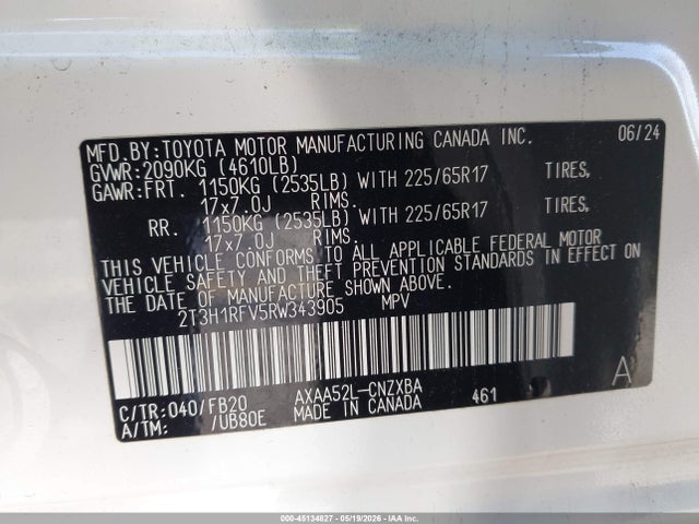 45134827 :رقم المزاد ، 2T3H1RFV5RW343905 vin ، 2024 Toyota Rav4 Le مزاد بيع