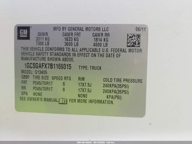 45134836 :رقم المزاد ، 1GCSGAFX7B1169315 vin ، 2011 Chevrolet Express 1500 Work Van مزاد بيع