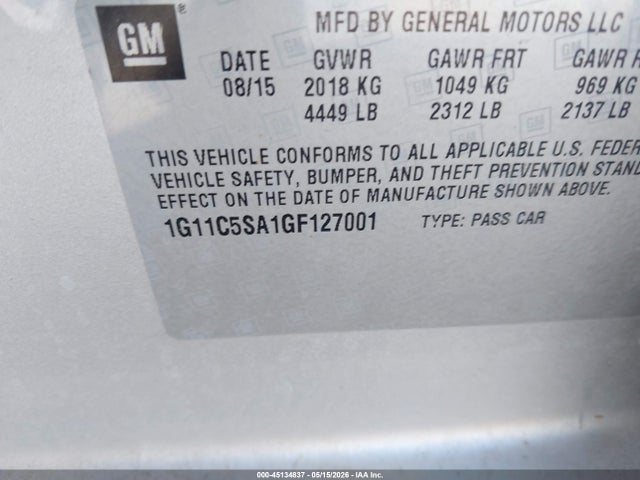 Продаж на аукціоні авто 2016 Chevrolet Malibu Limited Lt, vin: 1G11C5SA1GF127001, номер лоту: 45134837
