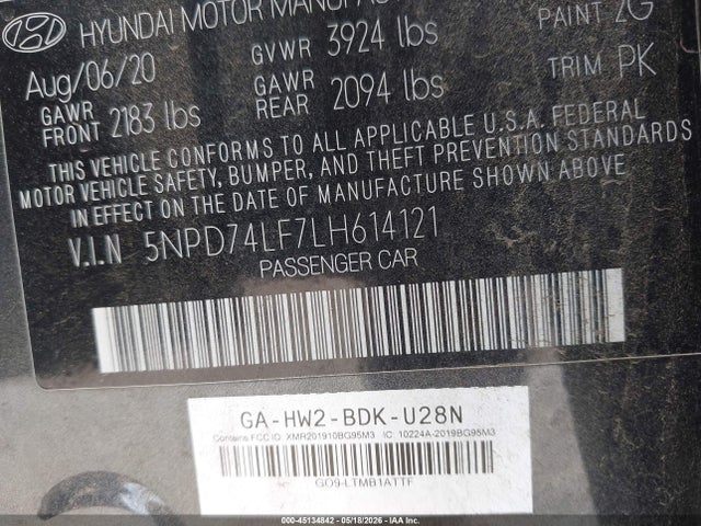 Продаж на аукціоні авто 2020 Hyundai Elantra Se, vin: 5NPD74LF7LH614121, номер лоту: 45134842