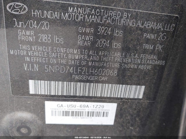 45134844 :رقم المزاد ، 5NPD74LF2LH602068 vin ، 2020 Hyundai Elantra Se مزاد بيع
