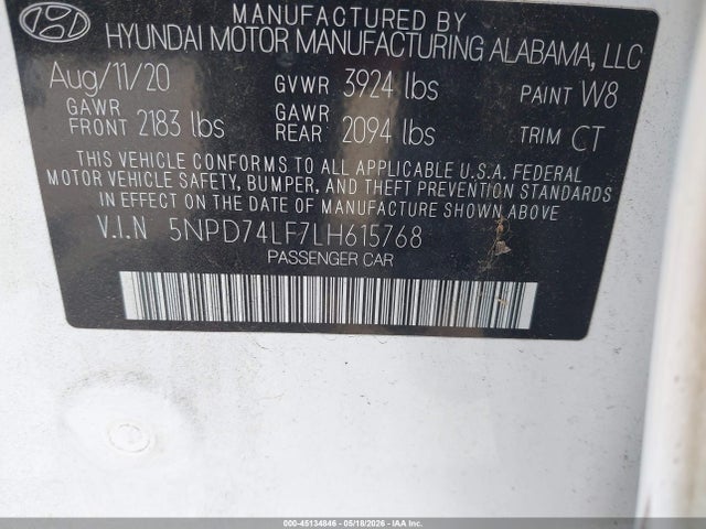Продаж на аукціоні авто 2020 Hyundai Elantra Se, vin: 5NPD74LF7LH615768, номер лоту: 45134846