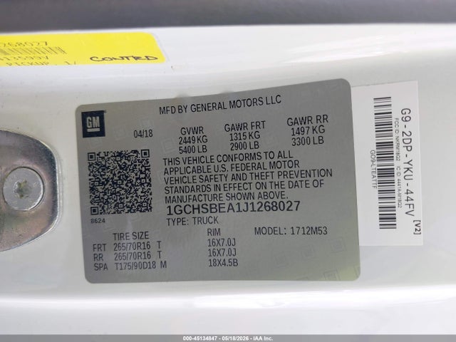 45134847 :رقم المزاد ، 1GCHSBEA1J1268027 vin ، 2018 Chevrolet Colorado Wt مزاد بيع