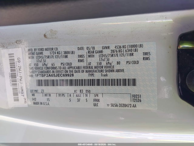 Продажа на аукционе авто 2018 Ford F-250 Xl, vin: 1FTBF2A65JEC69928, номер лота: 45134849