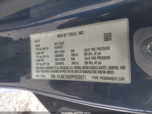 Продаж на аукціоні авто 2023 Tesla Model 3 Rear-wheel Drive, vin: 5YJ3E1EA2PF672871, номер лоту: 45134882