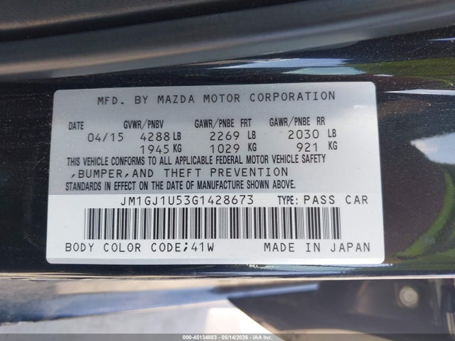 Aukcja sprzedaży 2016 Mazda Mazda6 I Sport, vin: JM1GJ1U53G1428673, numer aukcji: 45134883