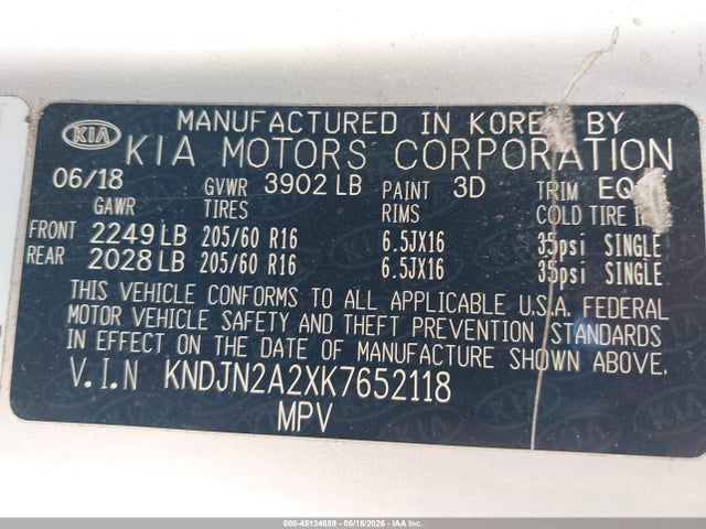 Продажа на аукционе авто 2019 Kia Soul, vin: KNDJN2A2XK7652118, номер лота: 45134889