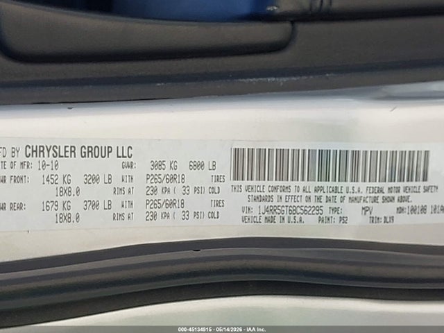 45134915 :رقم المزاد ، 1J4RR5GT6BC562295 vin ، 2011 Jeep Grand Cherokee Limited مزاد بيع