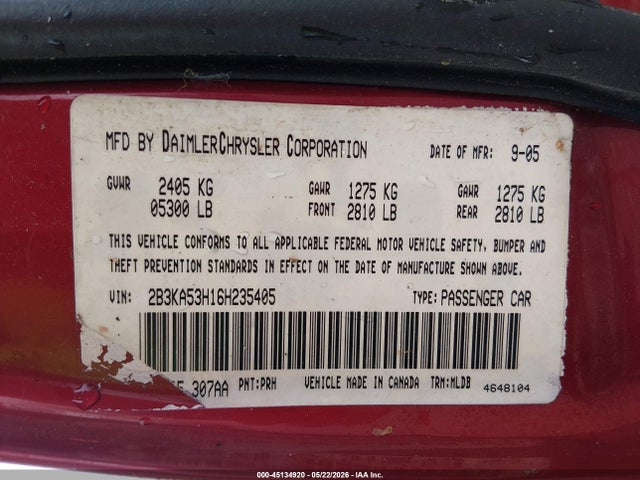 Продажа на аукционе авто 2006 Dodge Charger Rt, vin: 2B3KA53H16H235405, номер лота: 45134920