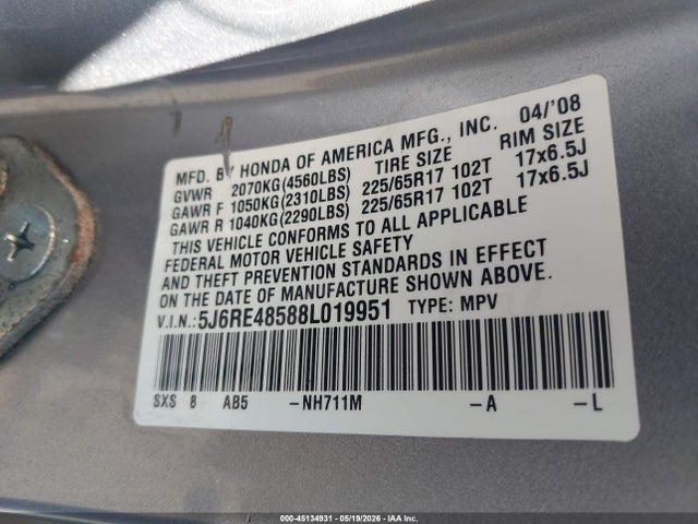 45134931 :رقم المزاد ، 5J6RE48588L019951 vin ، 2008 Honda Cr-v Ex مزاد بيع