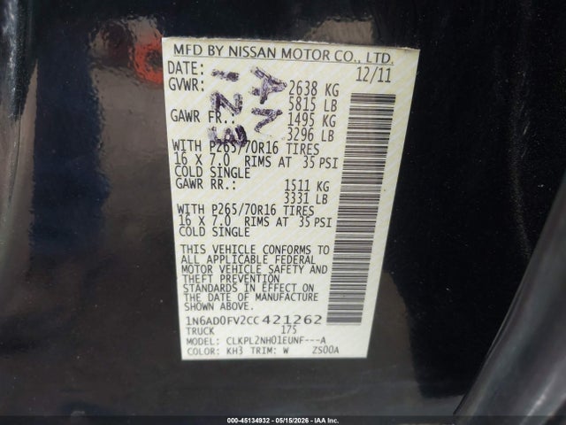 Aukcja sprzedaży 2012 Nissan Frontier Sv, vin: 1N6AD0FV2CC421262, numer aukcji: 45134932