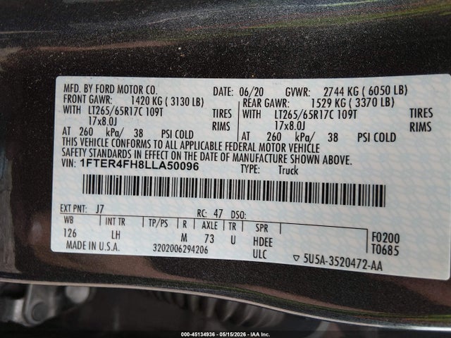 45134936 :رقم المزاد ، 1FTER4FH8LLA50096 vin ، 2020 Ford Ranger Xlt مزاد بيع