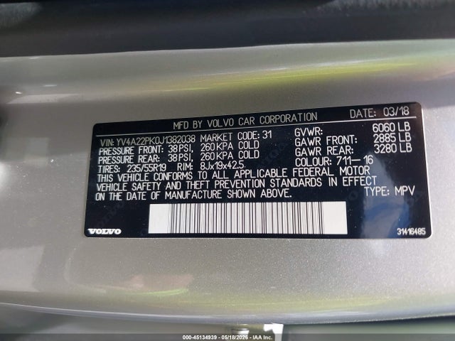 2018 Volvo Xc90 T6 Momentum მანქანა იყიდება აუქციონზე, vin: YV4A22PK0J1382038, აუქციონის ნომერი: 45134939