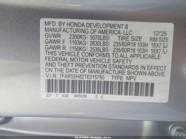 7FARS5H82TE015750 Honda Cr-v Hybrid 2wd Sport-l