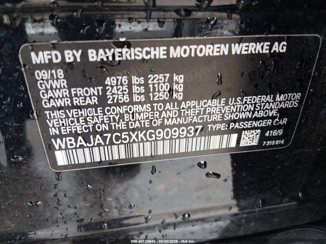 45134946 :رقم المزاد ، WBAJA7C5XKG909937 vin ، 2019 Bmw 530i Xdrive مزاد بيع