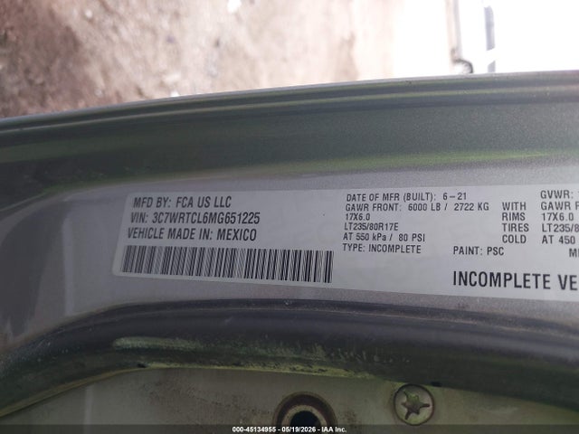 Продаж на аукціоні авто 2021 Ram 3500 Chassis Tradesman/slt/laramie/limited, vin: 3C7WRTCL6MG651225, номер лоту: 45134955