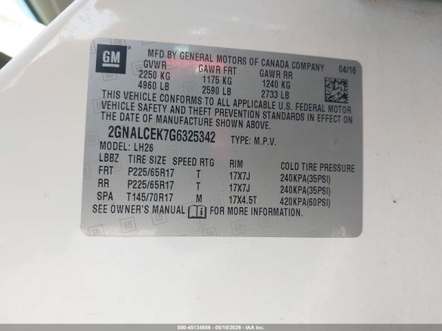 Chevrolet EQUINOX LT 2016 2GNALCEK7G6325342 Image 9