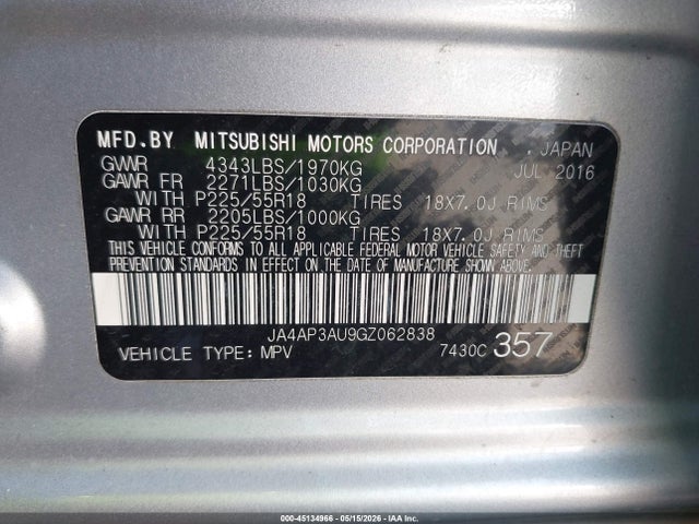 Aukcja sprzedaży 2016 Mitsubishi Outlander Sport 2.0 Es, vin: JA4AP3AU9GZ062838, numer aukcji: 45134966