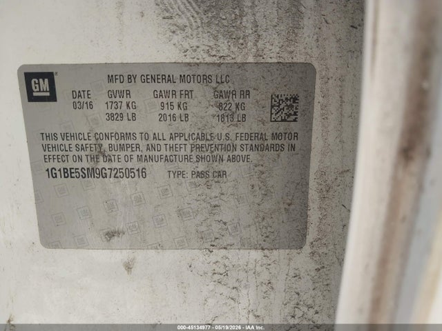 45134977 :رقم المزاد ، 1G1BE5SM9G7250516 vin ، 2016 Chevrolet Cruze Lt Auto مزاد بيع